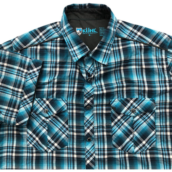 Kuhl Shirt Mens M Blue Plaid Pearl Snap Button Up Eluxur Outdoor Short Sleeve - Picture 1 of 7